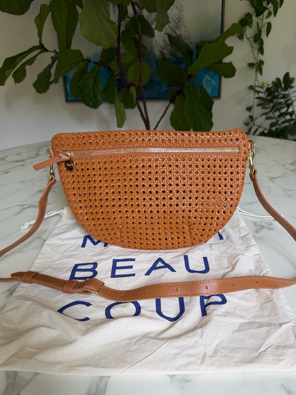 NWOT Clare V Grande Fanny Tan Rattan Handwoven Leather Crossbody Belt Bag